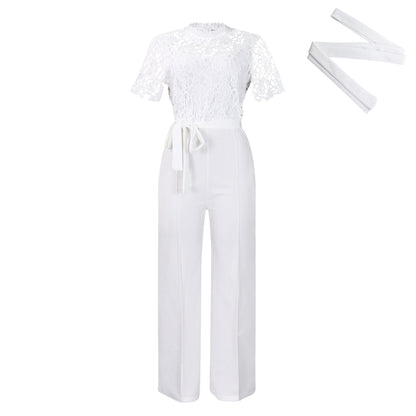 Sexy Lace Trim Halter Jumpsuit Elegant Wide-Leg Pants