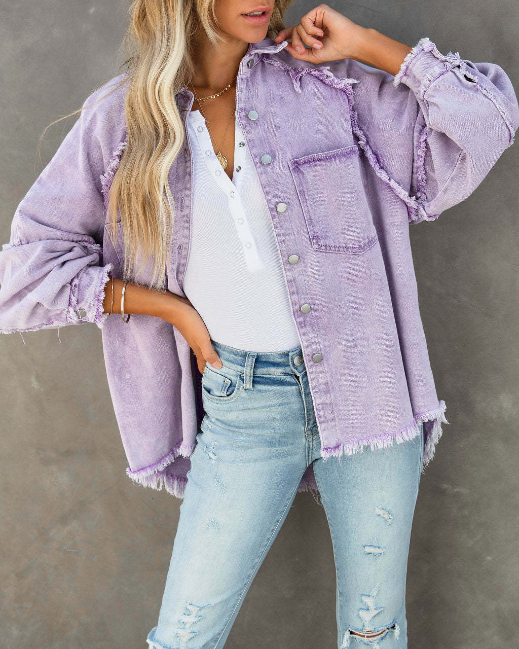 Washed Denim Fringe Jacket Chic Casual Oversized