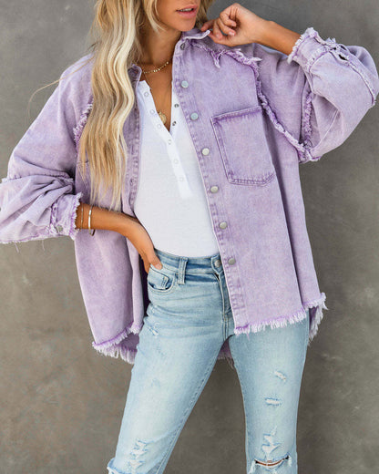 Washed Denim Fringe Jacket Chic Casual Oversized