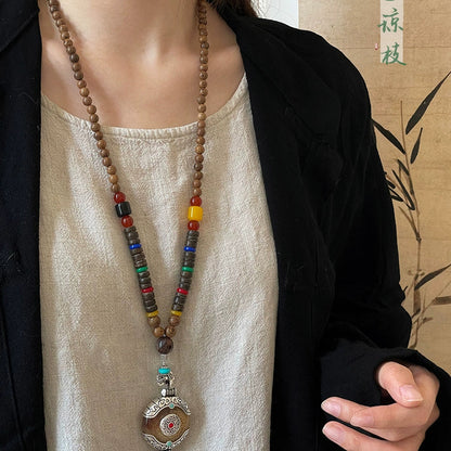 Ethnic Wood Buddha Bead Necklace Women'S Tibetan Zen Retro Old Long Pendant Sweater Chain