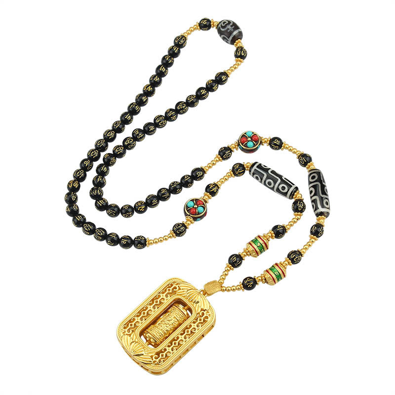 Sand Gold Pendant, Thangka With Chain, Removable Long Necklace, Six-Character Motto Agate Dzi Beads, High-End Retro Chain