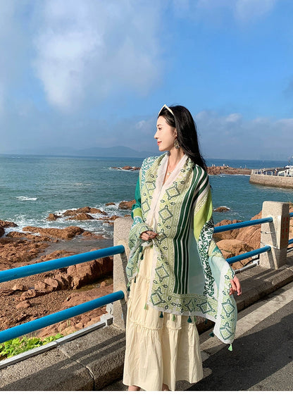 Fresh Green Ethnic Style Silk Scarf Women'S Summer Sunscreen Dual-Purpose Large Shawl Beach Towel Thin Cotton And Linen Scarf Yarn
