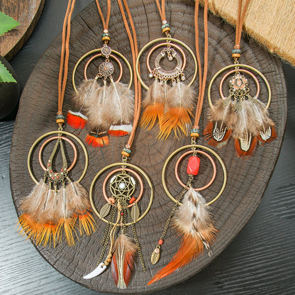 Colorful Feather Pendant Necklace Bohemian Style Butterfly Jewelry