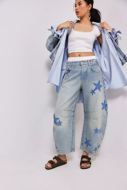 Casual Loose Mid-Rise Women's Denim Pants with Cartoon Patterns