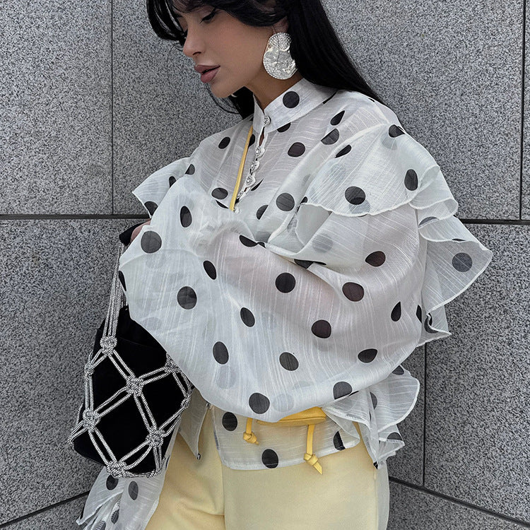 Polka Dot Ruffle Hem Long Sleeve Shirt