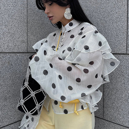 Polka Dot Ruffle Hem Long Sleeve Shirt