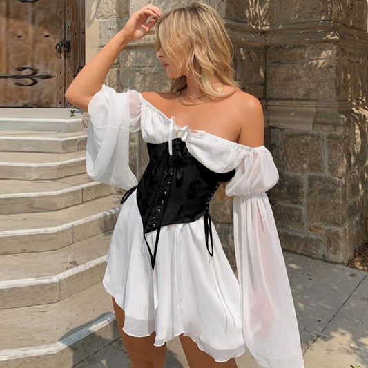 Off-Shoulder Chiffon Dress with Waist Tie in Pink and White