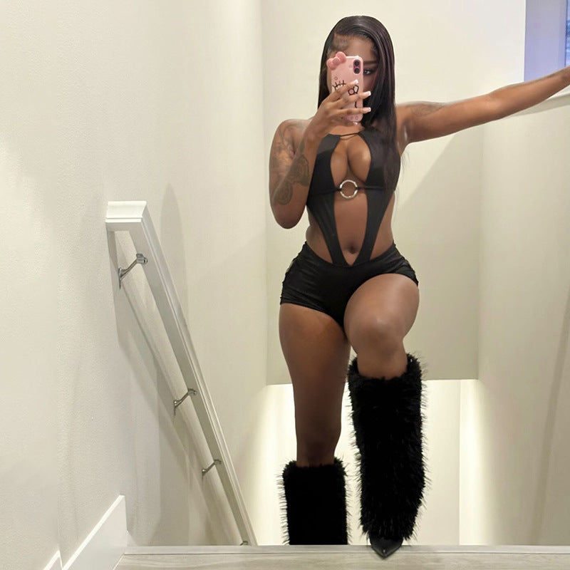 Backless Sexy Bodysuit With Tie Detail And Fitted Shorts