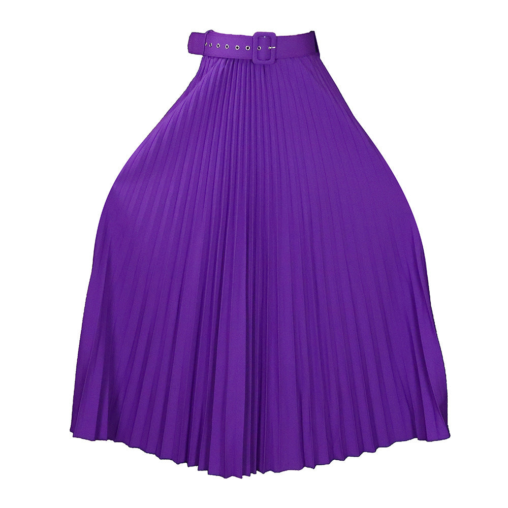 High Waist A-Line Midi Skirt With Belt In Solid Colors