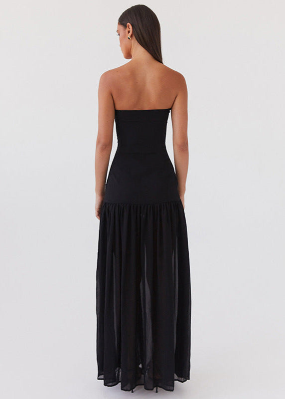 Strapless Black Maxi Dress with Sheer Skirt