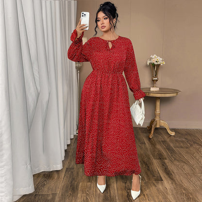 Plus Size Polka Dot Chiffon Dress with Flared Sleeves
