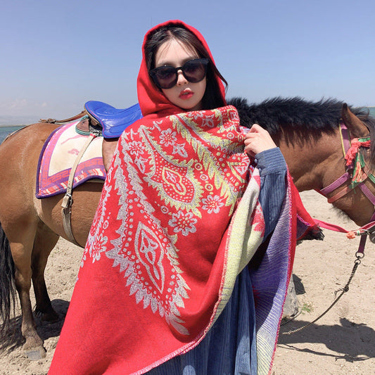 Autumn And Winter Hooded Shawl, National Style Dual-Purpose Warm Scarf