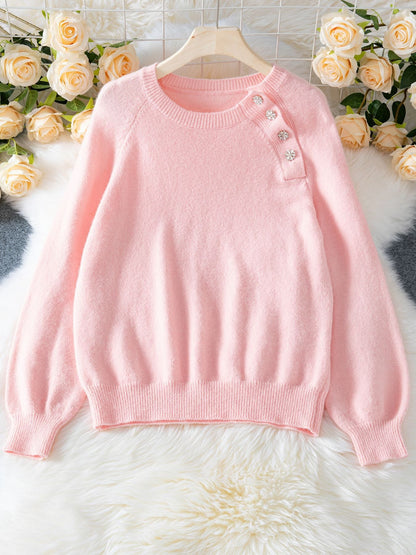 Elegant Round Neck Raglan Sleeves Knit Sweater
