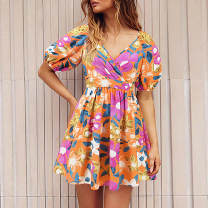 Women‘S Wear Summer New V-Neck Printed Beach Lantern Sleeve Short Dress