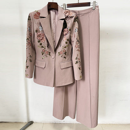 Beaded Floral Jacket and Wide Leg Pants Set