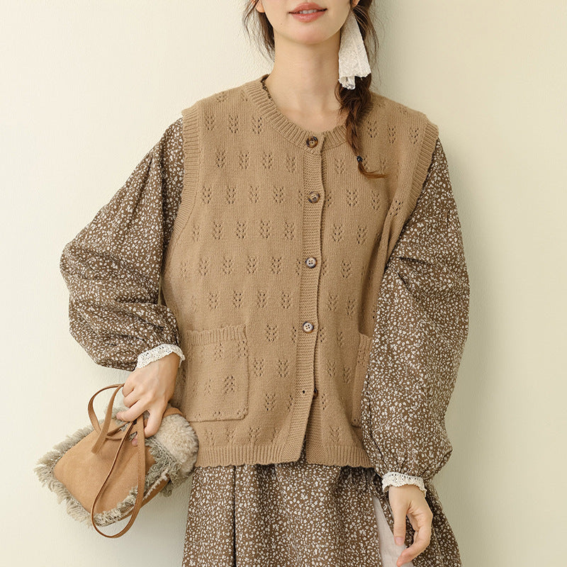 Solid Color Crochet Knit Vest Sweater Casual Layering Cardigan