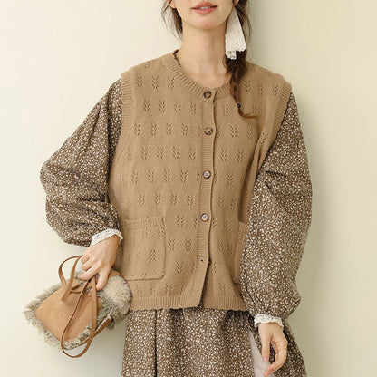 Solid Color Crochet Knit Vest Sweater Casual Layering Cardigan