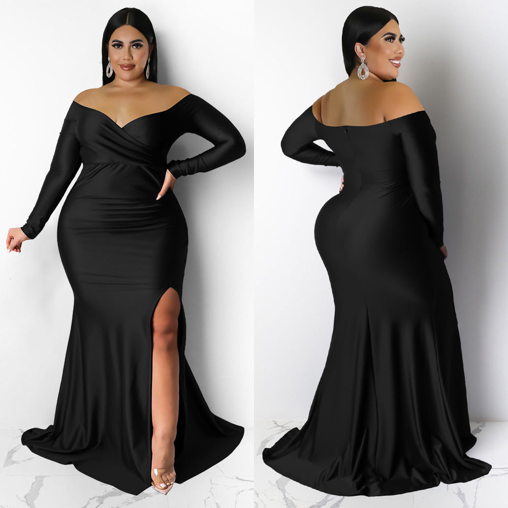 V-Neck Long Dress Elegant Solid Color Evening Dress