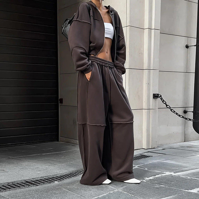 Hooded Long Sleeve Zip-Up Jacket And Loose Trousers Set