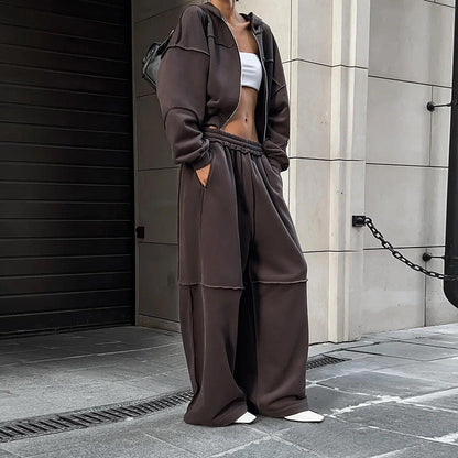 Hooded Long Sleeve Zip-Up Jacket And Loose Trousers Set