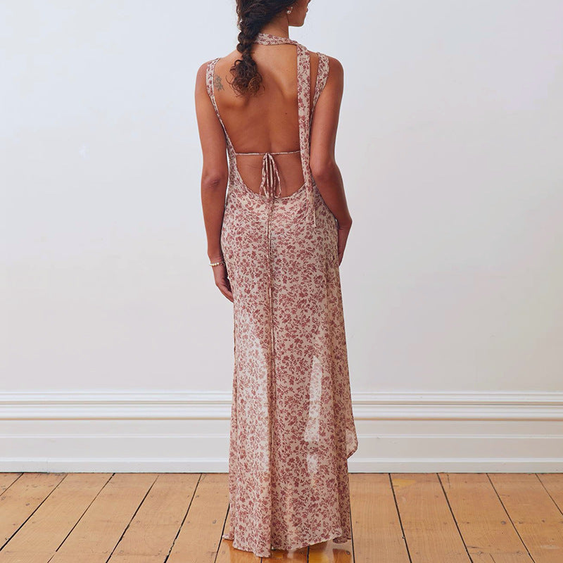 Floral Print Backless Drape Dress for Parties