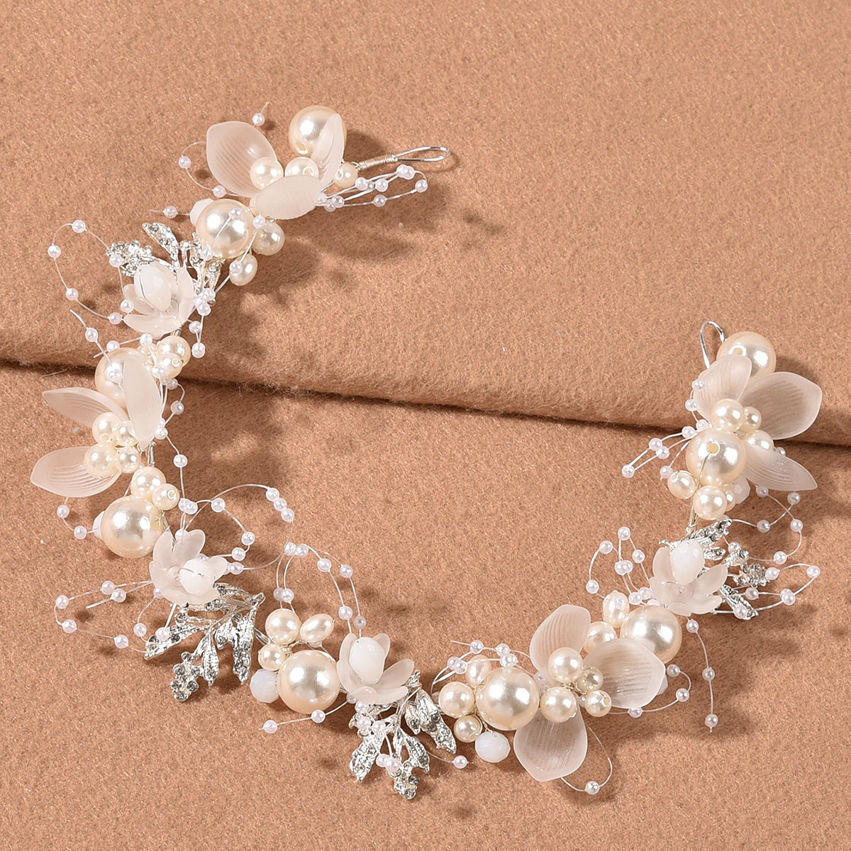 Bridal Pearl Flower Headband with Gold Leaf Accents