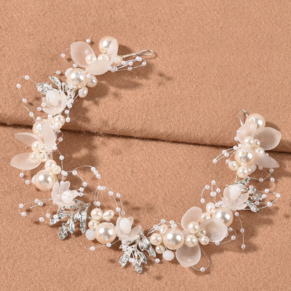 Bridal Pearl Flower Headband with Gold Leaf Accents
