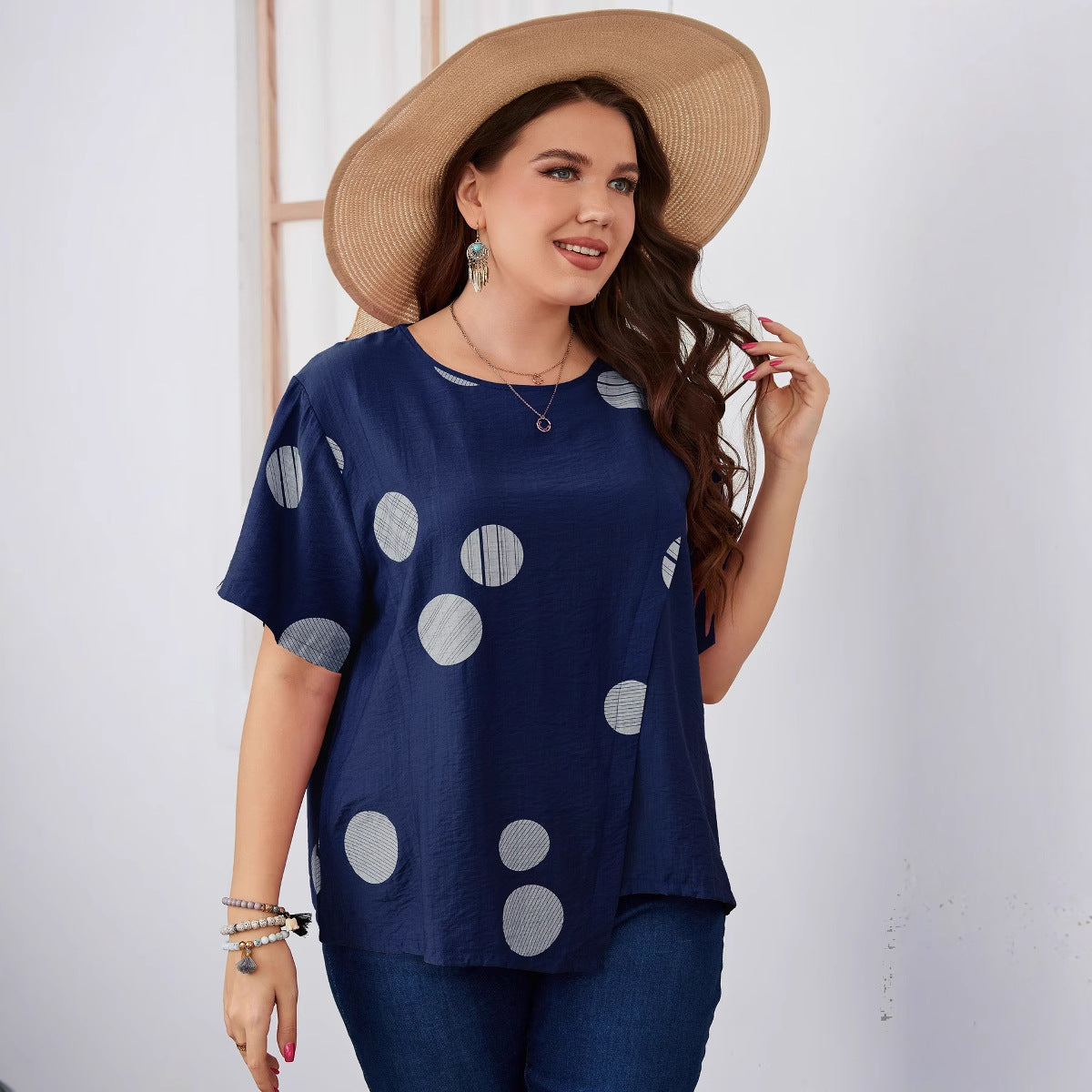 Plus Size Polka Dot Short Sleeve T-Shirt Casual Style