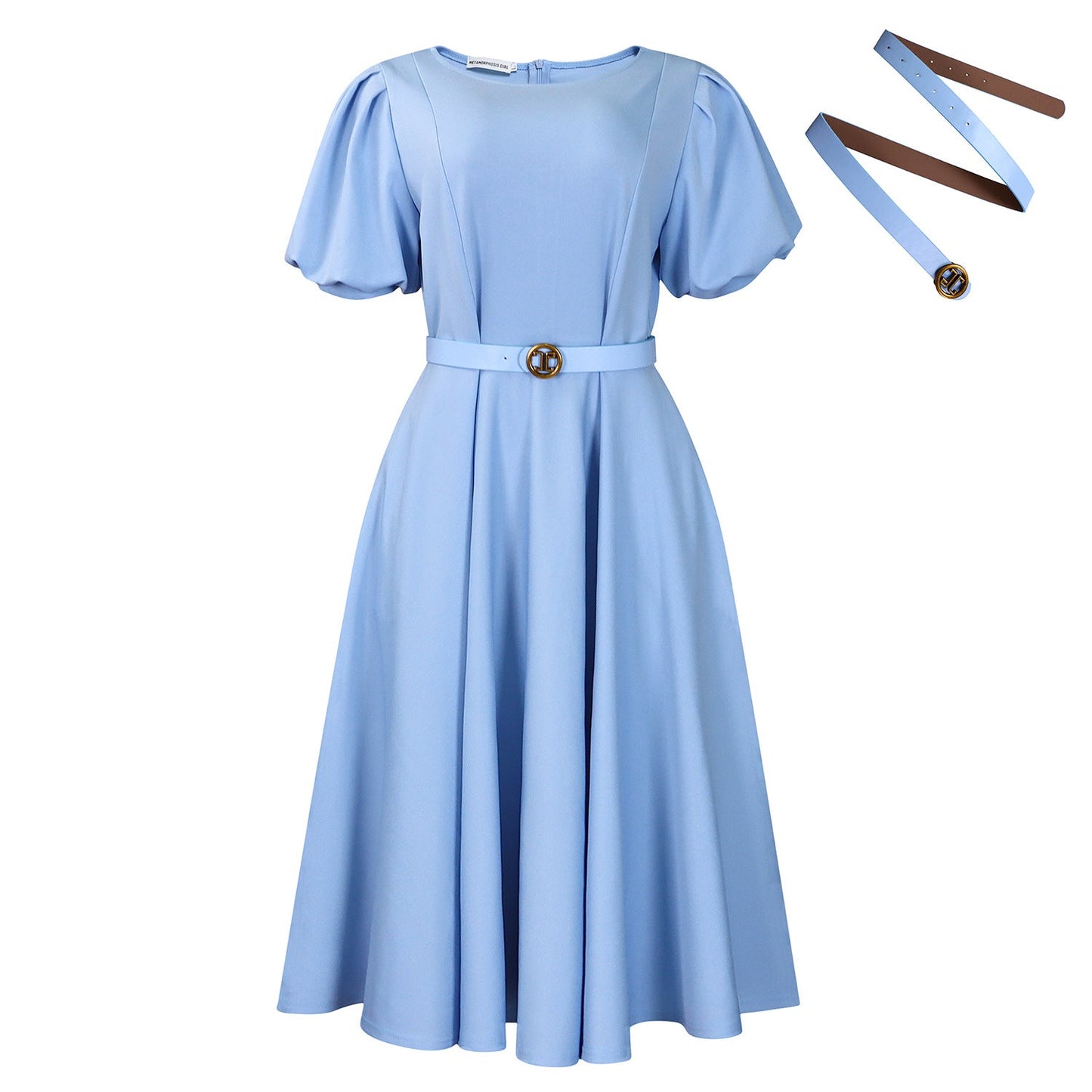 Elegant High-Waist A-Line Dress With Puff Sleeves