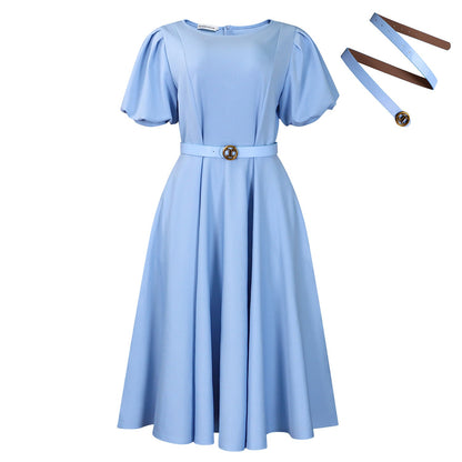 Elegant High-Waist A-Line Dress With Puff Sleeves