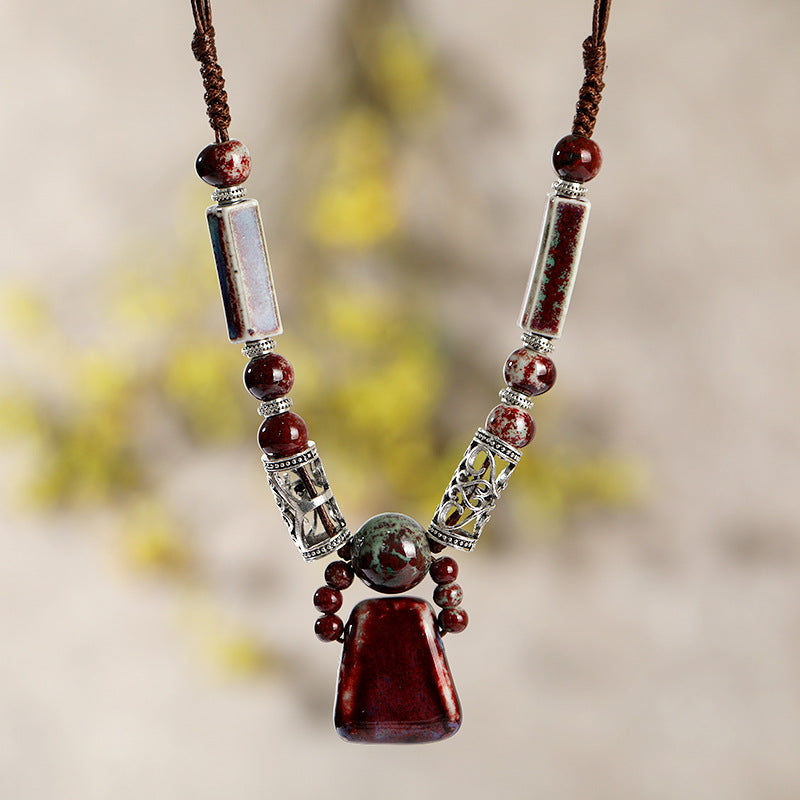 Retro Ethnic Style Ceramic Necklace For Women'S Simple Collar Chain Versatile Red Pendant Long Sweater Chain Pendant Accessories
