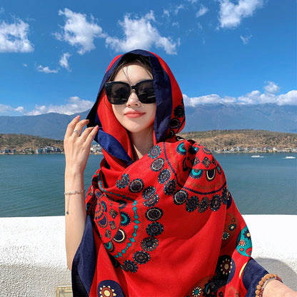 New Cotton And Hemp Feel Large Scarf Red Ethnic Tourism Beach Scarf With Dual Use Air Conditioning Room Shawl