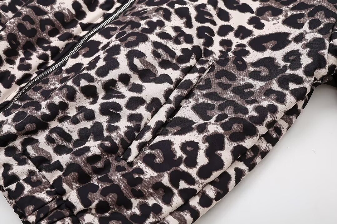 Vintage Leopard Print Zip-Up Winter Jacket