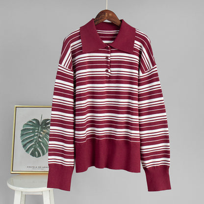 Striped Polo Collar Knitted T-Shirt Casual Retro Style