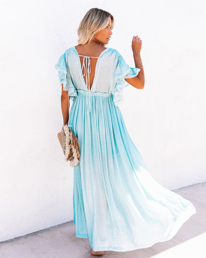 Drawstring Long Skirt Sunscreen Shirt Beach Blouse V-Neck Dress