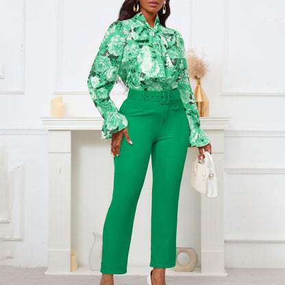 Fashion Floral Long Sleeve Top And High Waist Pants Set