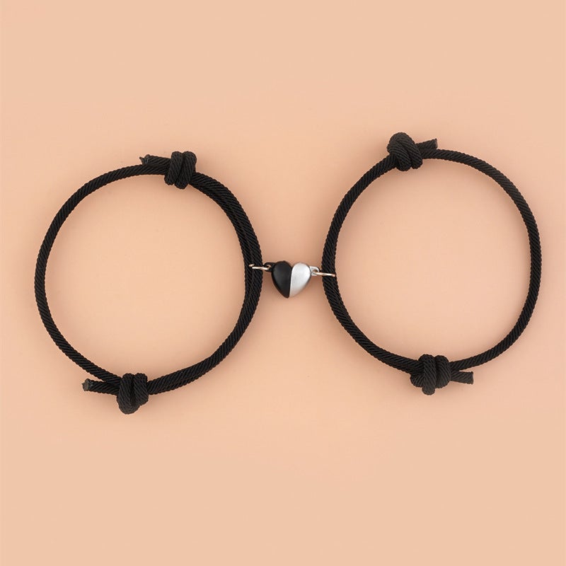Fashionable Black And White Heart-Shaped Magnetic Buckle Milan Rope Braided Couples Girlfriends Bracelet Adjustable Bracelet