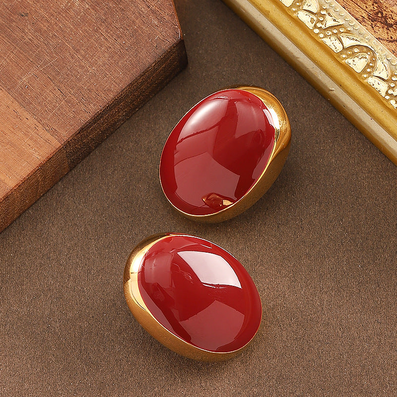 Burgundy Geometric Enamel Earrings With 925 Silver Posts