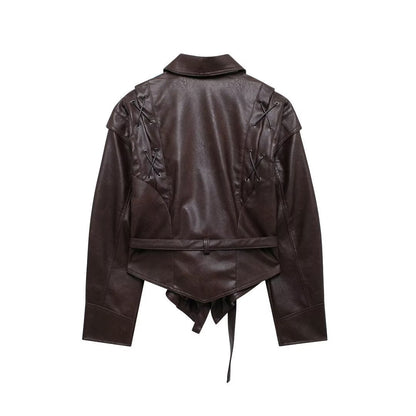 Cool Lapel Drawstring Belt Leather Jacket