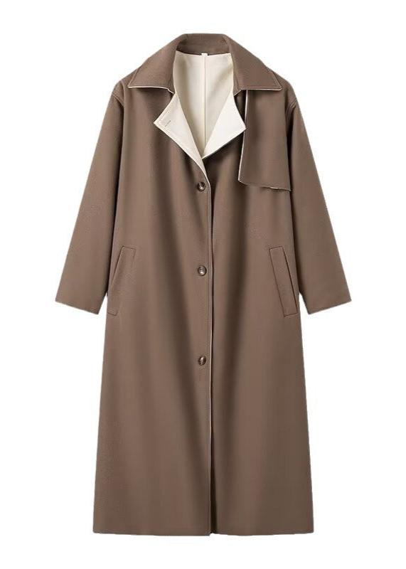 Long Woolen Coat Brown Classic Lapel Design