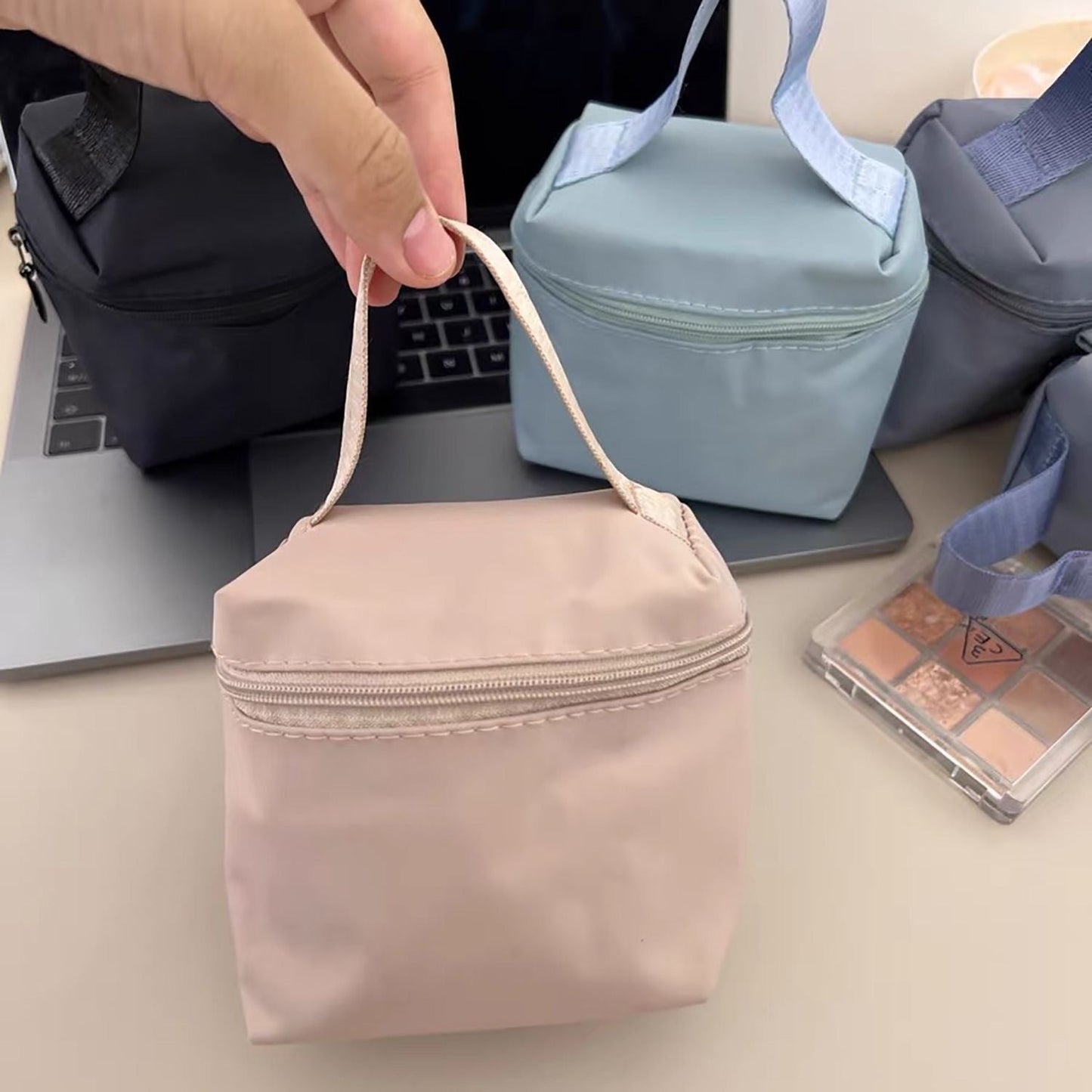 Solid Color Nylon Round Makeup Bag Portable Durable Commuter Tote