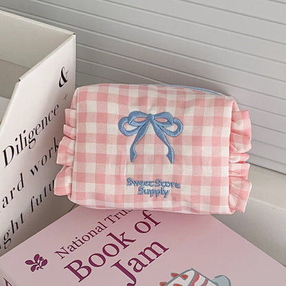 Cute Checkered Bow Coin Purse Portable Travel Bag