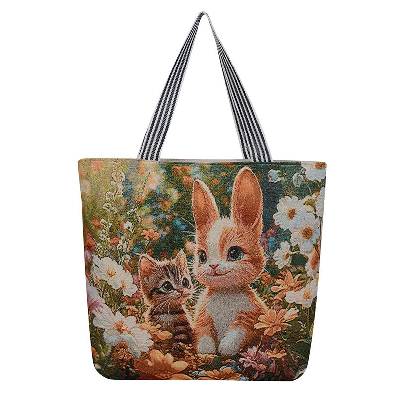 Embroidered Canvas Tote Bag with Floral Patterns