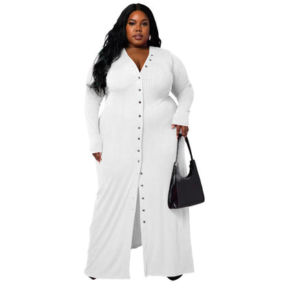 Plus Size Women'S V-Neck Split Hem Dress Stylish Casual A-Line Dress