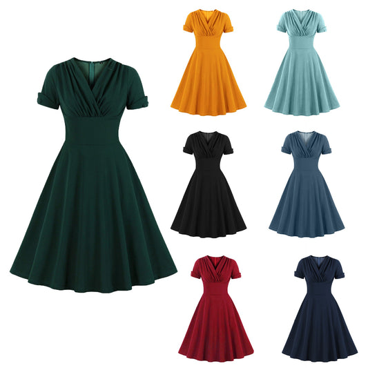 Retro V-Neck Waist-Tie Flared Dress
