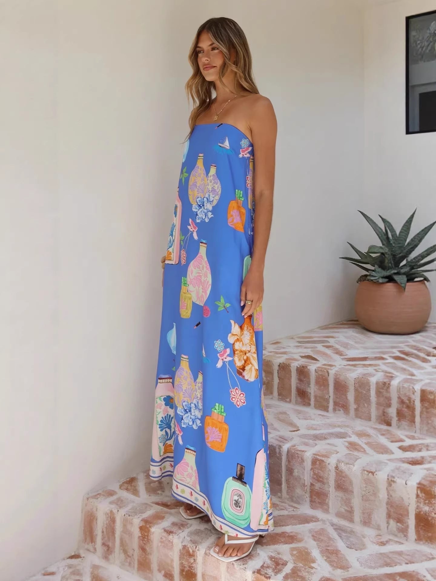 Casual Linen Strapless Dress With Artistic Prints