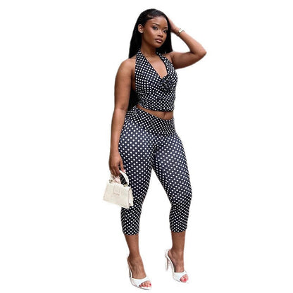 Polka Dot Print Two-Piece Set With Halter Neck Top And Skinny Pants