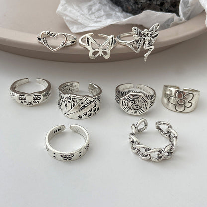 9-Piece Set Of Vintage Crying Face Rings, Playing Card Rings, Hollowed Out Love Rings, Daisy Rings, Alloy Chain Rings