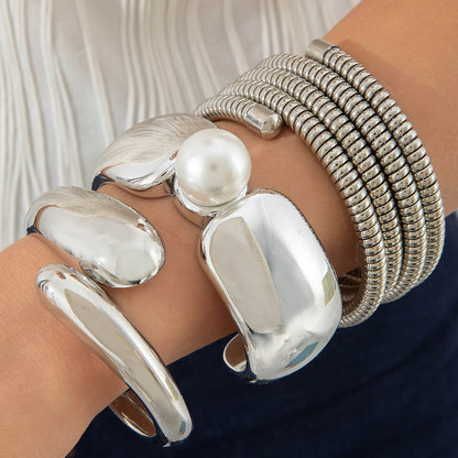 Layered Geometric Statement Cuff Bracelet Set