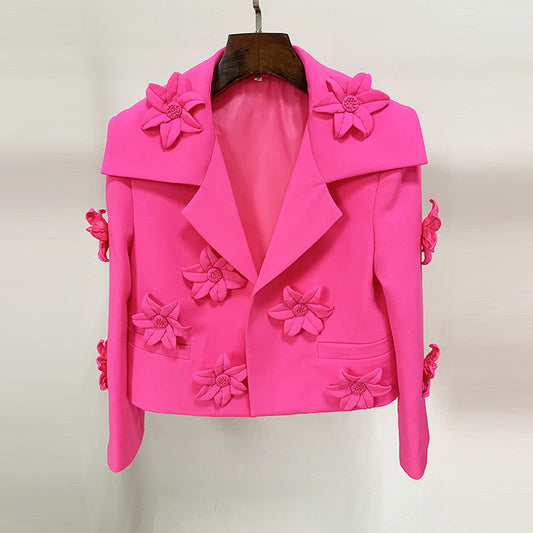 Fluorescent Pink Floral Embroidered Short Blazer